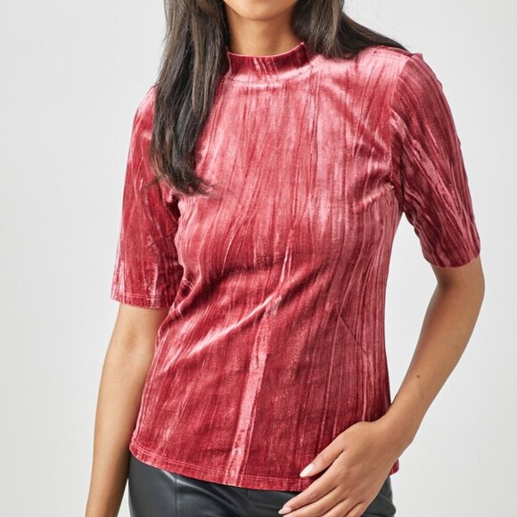 MYSTREE Velvet Mock Neck Short Sleeve Top, Dusty Rose Red, Soft Luxe Stretch - Picture 5 of 7